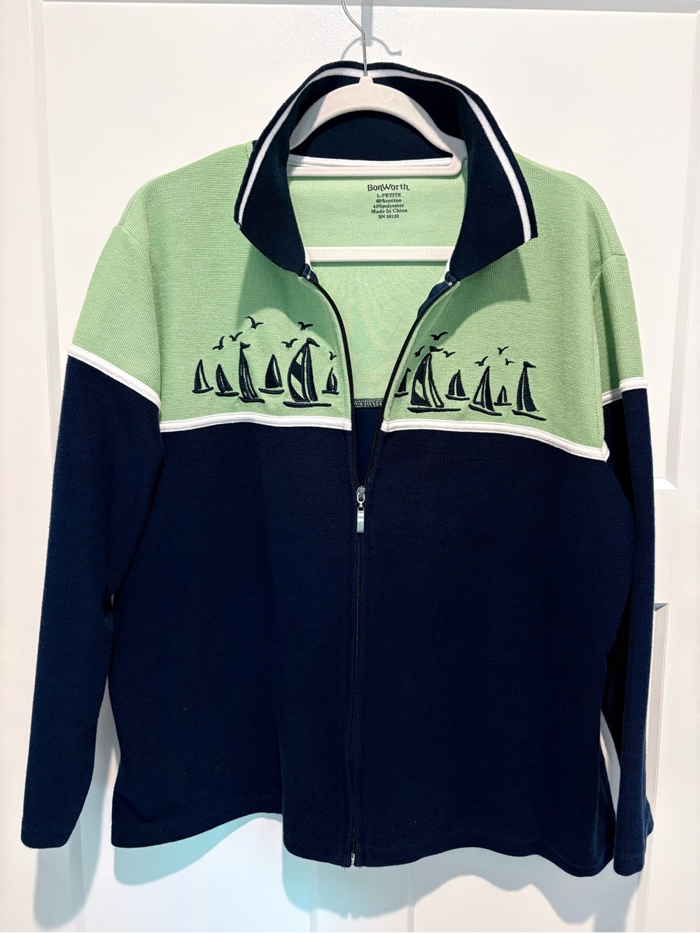 BonWorth WomensTwo-Tone Zip Front Sweater Jacket in Navy and Light Green